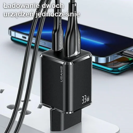 USAMS fali töltő 1xUSB-C+1xUSB T43 33W PD3.0 + QC3.0 + U63 kábel USB-C Lightning fekete - 7