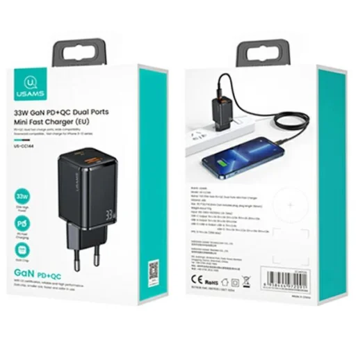 USAMS fali töltő 1xUSB-C+1xUSB T43 33W PD3.0 + QC3.0 + U63 kábel USB-C Lightning fekete - 10