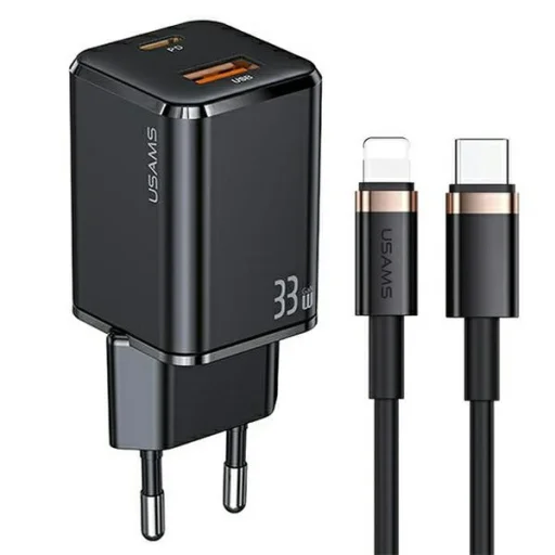 USAMS fali töltő 1xUSB-C+1xUSB T43 33W PD3.0 + QC3.0 + U63 kábel USB-C Lightning fekete - 1