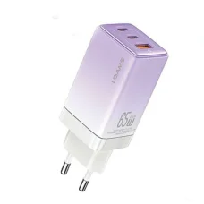 USAMS Töltő 2xUSB-C+1xUSB 65W(csak fej) GaN PD3.0 +QC3.0 Gyors Töltés lila/átmenetes lila San