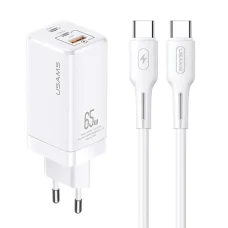 USAMS Fali Töltő MT 2xUSB-C + USB GaN 65W T33 PD + USB-C to USB-C Kábel 100W Gyors Töltés fehér