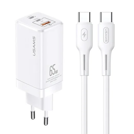 USAMS Fali Töltő MT 2xUSB-C + USB GaN 65W T33 PD + USB-C to USB-C Kábel 100W Gyors Töltés fehér - 1
