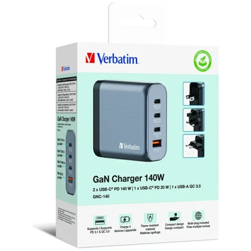 Verbatim GaN 140W fali töltő 3xUSB-C/USB-A + EU/UK/US adapter GNC-140 32203 - 5