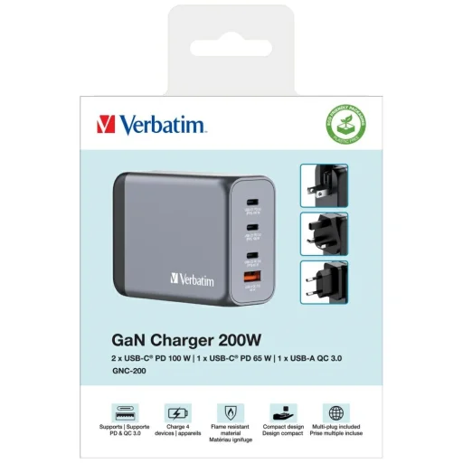 Verbatim GaN 200W Fali Töltő 3xUSB-C/USB-A + EU/UK/US Adapter GNC-200 32204 - 8
