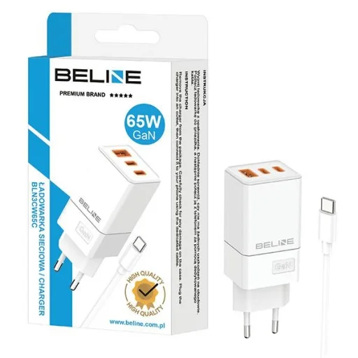 Beline 2x USB-C + 1x USB 65W + USB-C kábel fehér PD 3.0 + QC 3.0 BLN3CW65C GaN töltő - 2