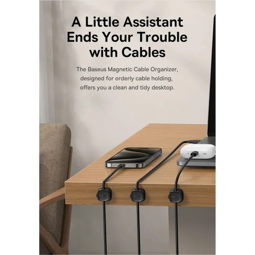 Baseus Kábelrendező Lite Series Mágneses (B01331106211-00) - 3 darab, 3M ragasztó - Fehér - 7