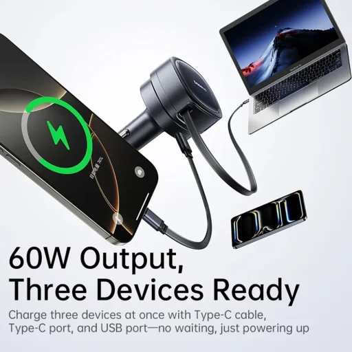 Baseus Autós töltő PrimeTrip VR1 (C00069001121-00) - Visszahúzható kábel, 2 x Type-C, USB, 60 W - Fekete - 2