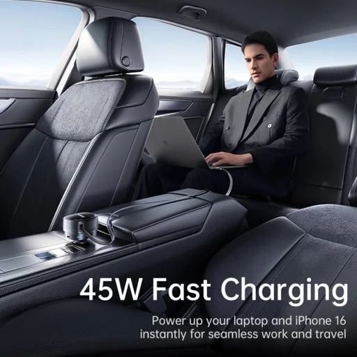 Baseus Autós töltő PrimeTrip VR1 (C00069001121-00) - Visszahúzható kábel, 2 x Type-C, USB, 60 W - Fekete - 3