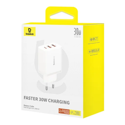 Wall Charger Baseus GaN 2x USB, Type-C, Gyors töltés, 30W - Fehér - 12