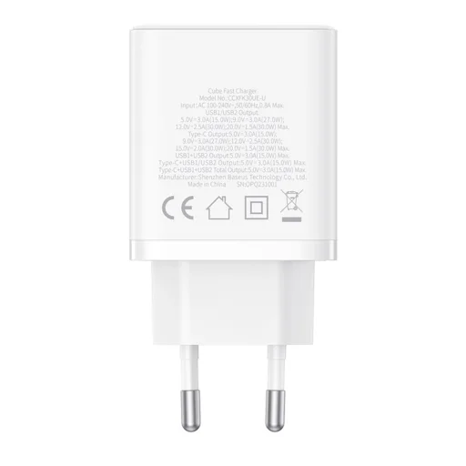 Wall Charger Baseus GaN 2x USB, Type-C, Gyors töltés, 30W - Fehér - 6