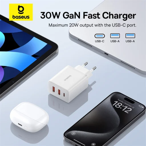 Wall Charger Baseus GaN 2x USB, Type-C, Gyors töltés, 30W - Fehér - 7