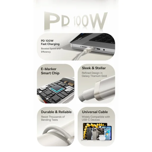 USB-C to Type-C, 100W, Gyors töltés, 480Mbps, 2m - Galaxy Titanium Gold Baseus Data Cable Titanium (P10378100G21-01) - 3