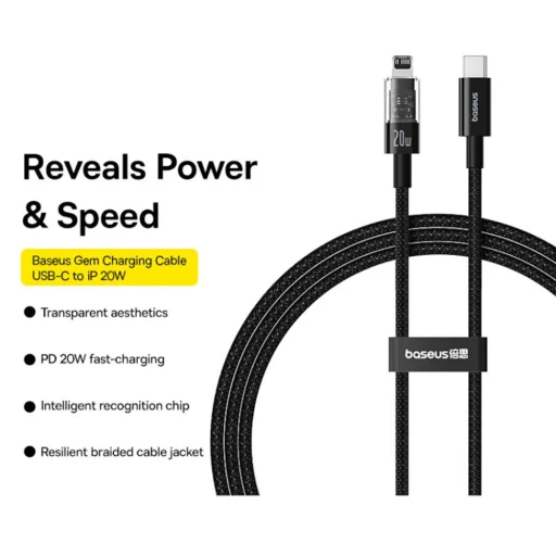 Baseus Data Cable Gem USB-C to Lightning, Gyors Töltés 20W, 1m, Cluster Fekete - 3