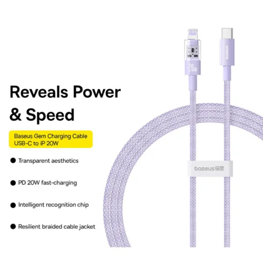 Baseus - Adatkábel Gem (P10373001511-00) - USB-C Lightninghez, Gyors töltés 20W, 1m - Nebula Purple - 5