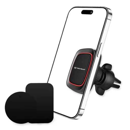 Autós tartó Techsuit MagGrip (S4) - Biztonságos mágneses tartás légkondicionáló rácshoz, 360°-os forgatás, fémlemezekkel - Fekete/Piros. - 3