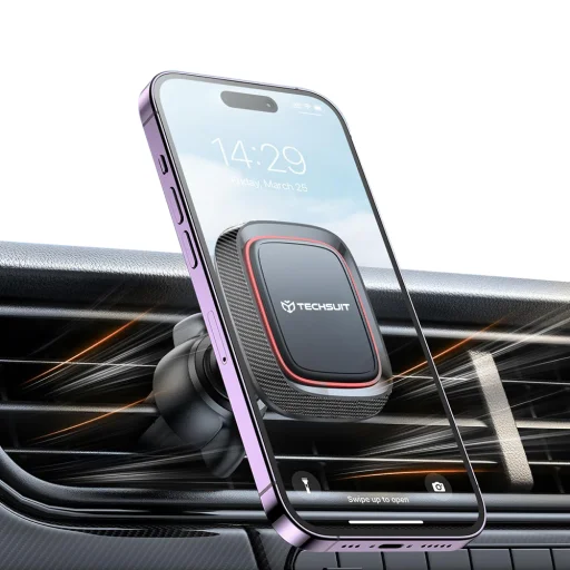 Autós tartó Techsuit MagGrip (S4) - Biztonságos mágneses tartás légkondicionáló rácshoz, 360°-os forgatás, fémlemezekkel - Fekete/Piros. - 4