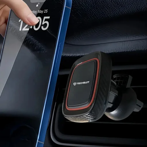 Autós tartó Techsuit MagGrip (S5) - Biztonságos mágneses rögzítés szellőzőrácsba, 360°-os forgatási szög, fémlemezekkel - Fekete/Piros. - 6