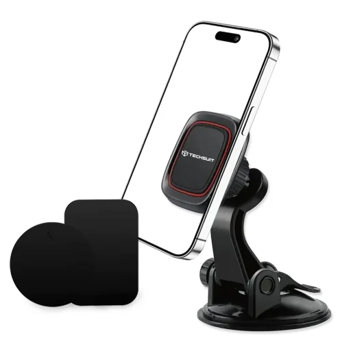 Autó Mágneses tartó Techsuit MagGrip (S6) műszerfalra, 360°-os forgatás, tapadókorong, 2 fém lemez - Fekete/Piros - 3