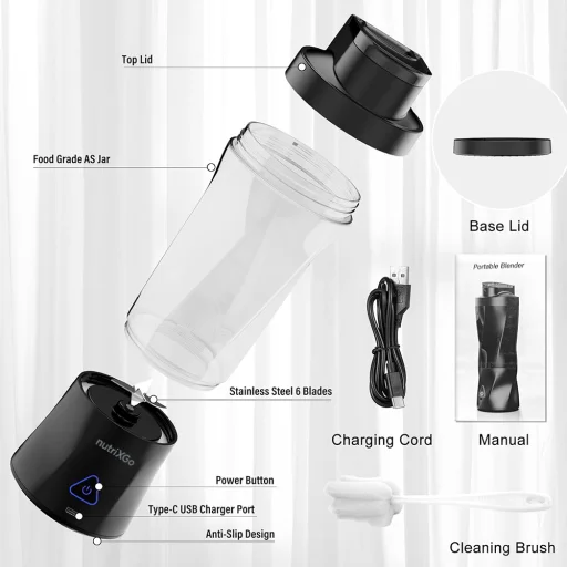 Hordozható turmix Techsuit BP1 - Type-C kábellel, Újratölthető, 700ml, 20000rpm, 6000mAh - Fekete - 7