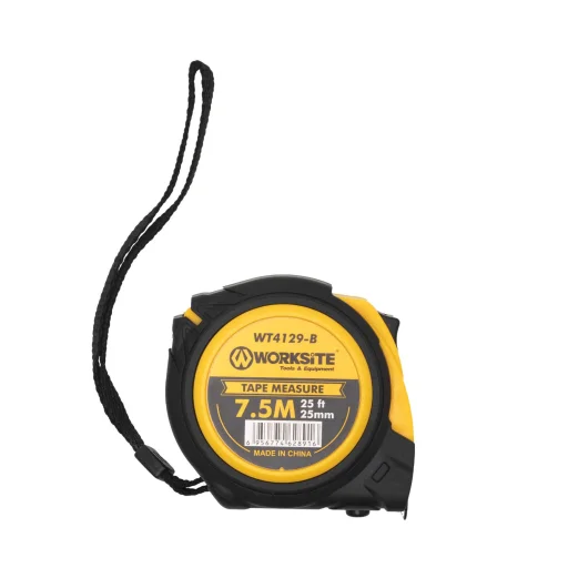 WORKSITE WT4129-B professzionális mérőszalag, 7.5m hosszú, 25mm széles, két féle reteszelés, övcsipesz, gumírozott - 1
