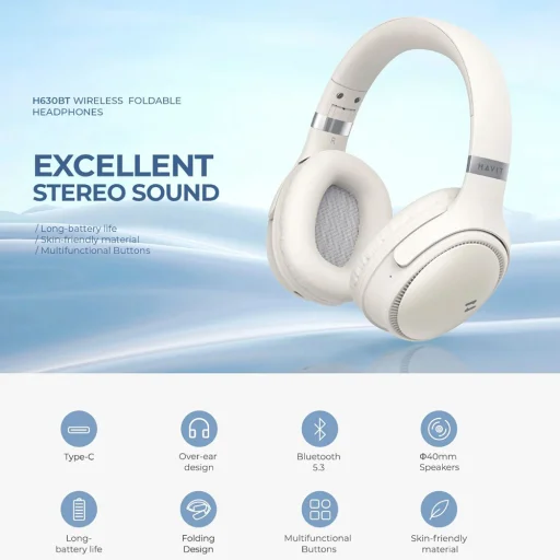 Havit - Vezeték nélküli fejhallgató (H630BT) - Bluetooth 5.3, Összecsukható, Hordozható, TF kártya, FM mód, AUX, Type-C, 500mAh - Fekete - 6