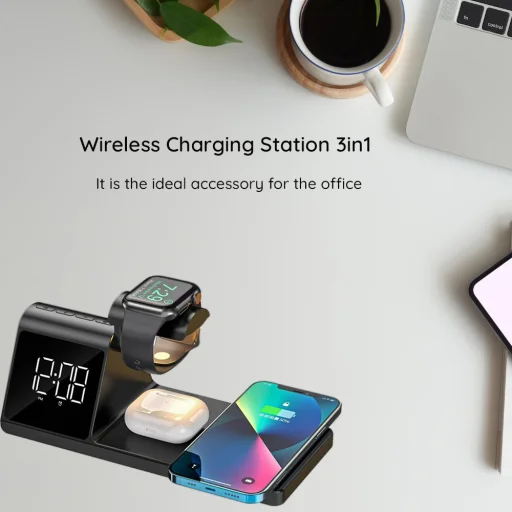 Wireless Charging Station 3in1 (W3042) Óra Kijelzővel és Ébresztővel, 15W - Fekete - Havit - 6