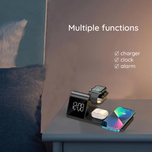 Wireless Charging Station 3in1 (W3042) Óra Kijelzővel és Ébresztővel, 15W - Fekete - Havit - 7