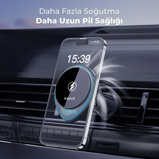 Havit Autós tartó vezeték nélküli töltéssel (W3036) - hűtővel, légbeömlőre, 15W - Fekete - 5