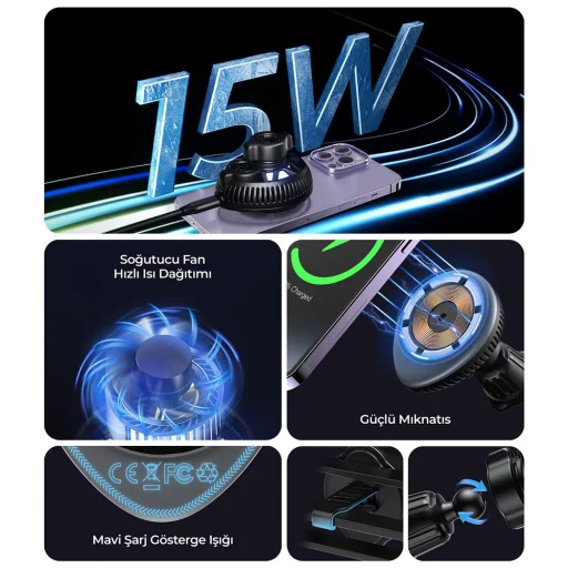 Havit Autós tartó vezeték nélküli töltéssel (W3036) - hűtővel, légbeömlőre, 15W - Fekete - 7