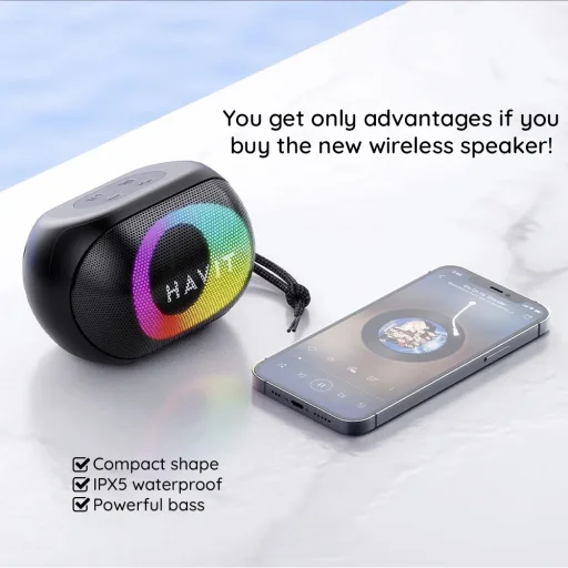 Havit Vezeték nélküli Hangszóró (SK885BT) - Type-C, Bluetooth 5.3, TWS, TF, FM, AUX, USB, Kihangosított hívások, 1800mAh - Fekete - 7