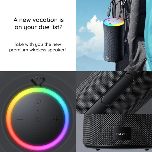 Havit Wireless Speaker (SK833BT) Type-C, Bluetooth 5.3, TWS, TF, USB, Kihangosított hívások, RGB világítás, IPX6, 4000mAh Fekete - 2