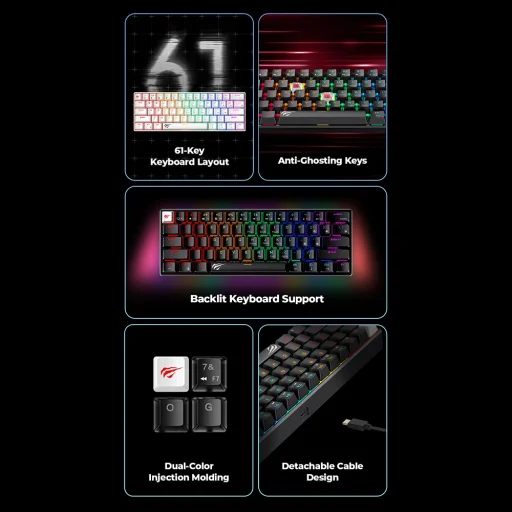 Gaming Keyboard Havit (KB903L) - USB-C, RGB világítással, 1.8m, 200mA - Átlátszó fehér - 2