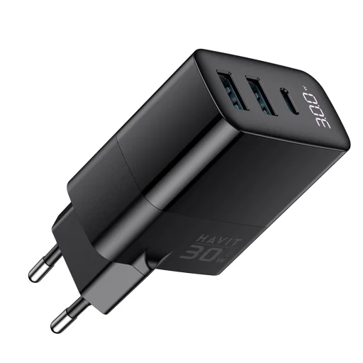Fali töltő (UCLE001 EU) - 2x USB, Type-C, 30W, GaN technológia - Fekete Havit - 2