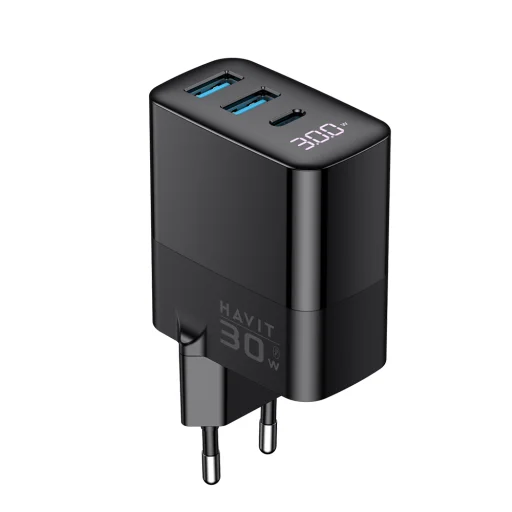 Fali töltő (UCLE001 EU) - 2x USB, Type-C, 30W, GaN technológia - Fekete Havit - 1
