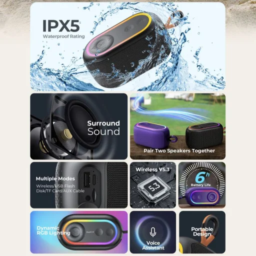 Havit Vezeték nélküli hangszóró (SK809BT) - USB-C, Bluetooth 5.3, TWS, TF, USB, FM, AUX, Kihangosító hívás, RGB, IPX5, 1200mAh - Lila - 7