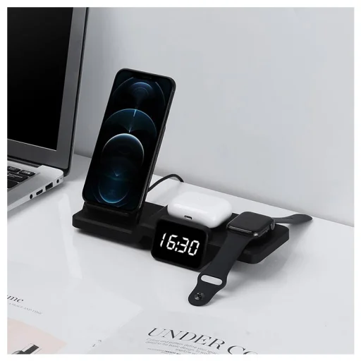 Multifunkciós C100 4 az 1-ben Vezeték nélküli Qi töltőállomás 15W és óra fekete színben - 9