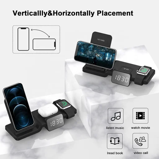 Multifunkciós C100 4 az 1-ben Vezeték nélküli Qi töltőállomás 15W és óra fekete színben - 2