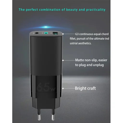 Univerzális USB és USB C hálózati töltő adapter 65W fekete - 3