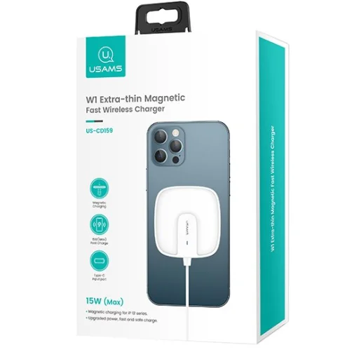 USAMS CD159 W1 Extra vékony MagSafe vezeték nélküli Qi mágneses töltő 15W fehér - 3