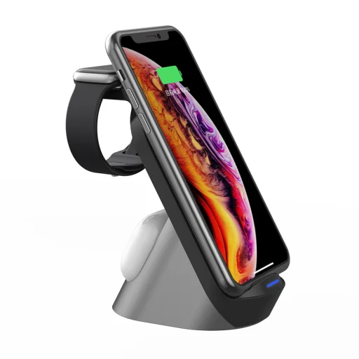 Rocketek 3in1 vezeték nélküli Qi gyorstöltő állvány iPhone/Apple Watch/ AirPods eszközökhöz fekete - 1