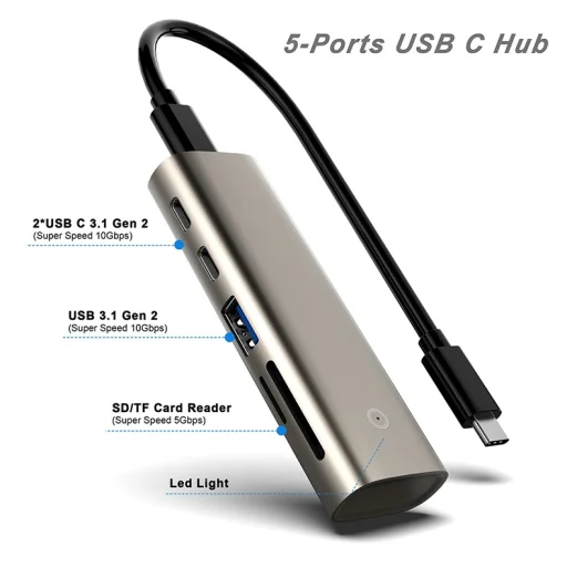 ROCKETEK 5 in 1 USB Type C HUB - USB Type C PD, 2x USB-C 3.1, USB 3.1, SD és microSD kártyaolvasó szürke - 3