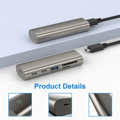 ROCKETEK 5 in 1 USB Type C HUB - USB Type C PD, 2x USB-C 3.1, USB 3.1, SD és microSD kártyaolvasó szürke - 6