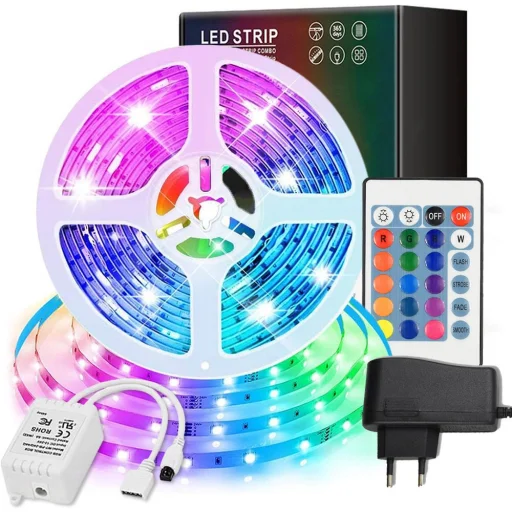 RGB LED szalag 5m vízálló 7W 300db LED távirányítóval, hálózati adapterrel - 1