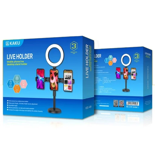 Kaku asztali LED körfény, ringlight tartó állvány 3 telefonhoz fekete (KSC-469) - 7