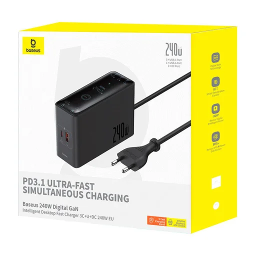 Baseus - Töltőállomás (P10163901113-00) - GaN, 3x USB-C, USB, DC, 240W, 1m - Fekete - 7