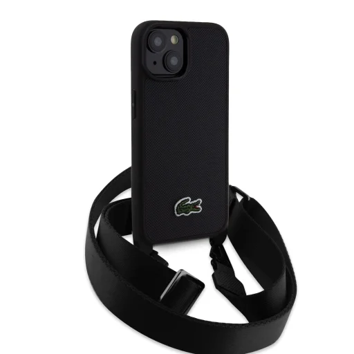  iPhone 15 Fekete Lacoste Iconic Petit Pique Crossbody Szőtt Logós Tok - 5