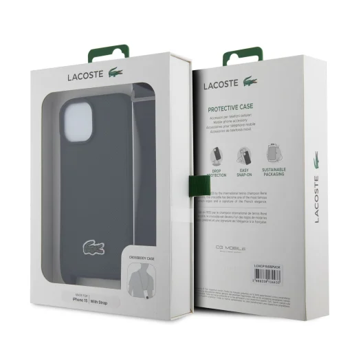  iPhone 15 Fekete Lacoste Iconic Petit Pique Crossbody Szőtt Logós Tok - 11