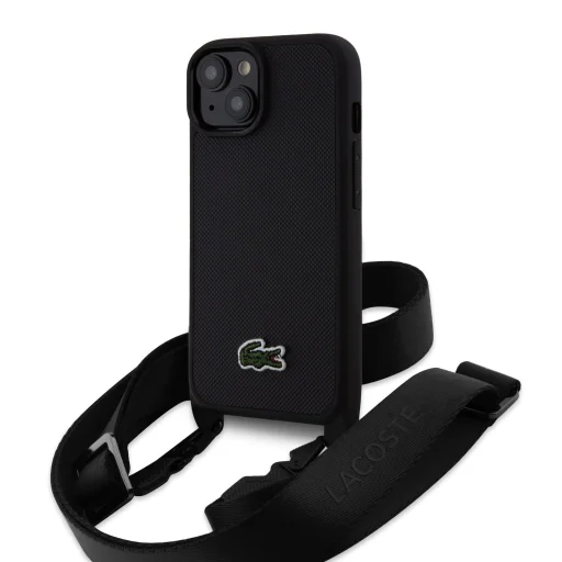  iPhone 15 Fekete Lacoste Iconic Petit Pique Crossbody Szőtt Logós Tok - 1