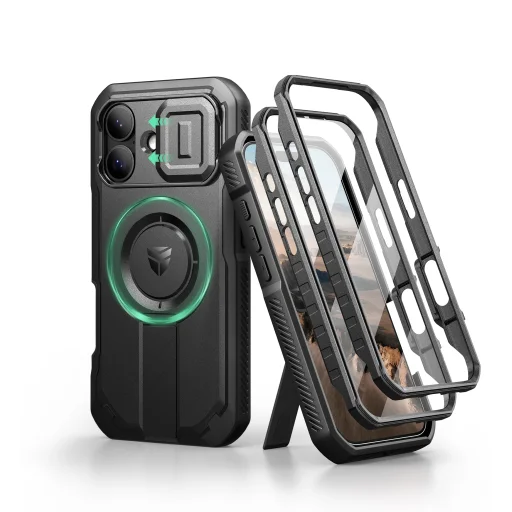 iPhone 17 Dexnor MagSafe ütésálló 360 tok kihajtható állvánnyal és kameravédővel fekete - 1