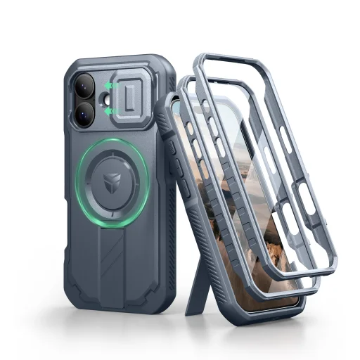 iPhone 17 Dexnor MagSafe ütésálló 360 tok kihajtható állvánnyal és kameravédővel kék - 4